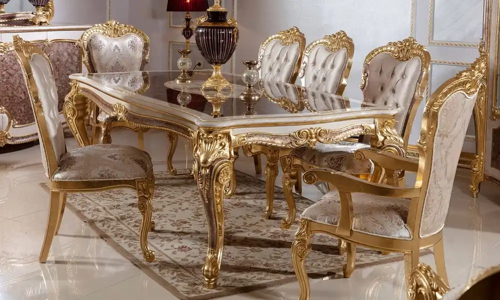 Casa Padrino Luxus Barock Esszimmer Set Weiß / Silber / Braun / Gold - 1 Barock Esstisch & 6 Barock Esszimmerstühle - Barock Esszimmer Möbel - Edel & Prunkvoll Top-Preis