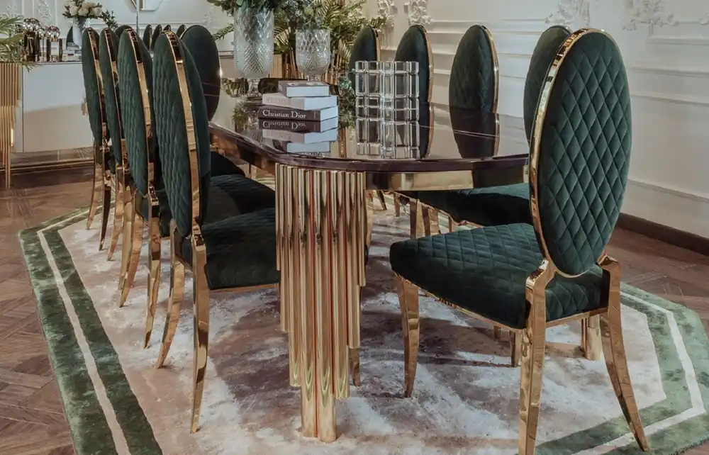 Casa Padrino Luxus Esszimmer Set Schwarz / Grün / Gold - 1 Luxus Esstisch & 10 Luxus Esszimmerstühle - Esszimmer Möbel - Luxus Qualität Geld-Zurück-Garantie