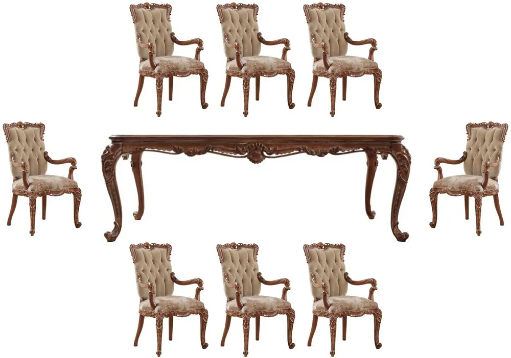 Top-Preis Casa Padrino Luxus Barock Esszimmer Set Beige / Braun - 1 Barock Esstisch & 8 Barock Esszimmerstühle mit Armlehnen - Esszimmer Möbel im Barockstil - Edel & Prunkvoll