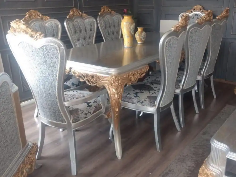 Casa Padrino Luxus Barock Esszimmer Set Blau / Weiß / Silber / Kupfer - 1 Barock Esstisch & 6 Barock Esszimmerstühle - Esszimmer Möbel im Barockstil - Edel & Prunkvoll Preisreduziert