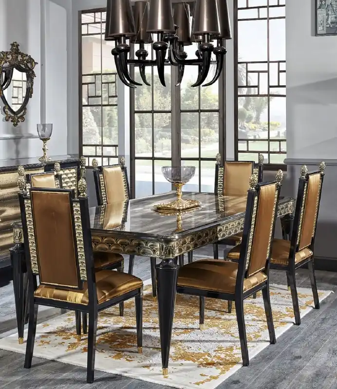 Casa Padrino Luxus Barock Esszimmer Set Gold / Schwarz - 1 Esstisch und 6 Esszimmerstühle - Esszimmermöbel im Barockstil Knallerangebot