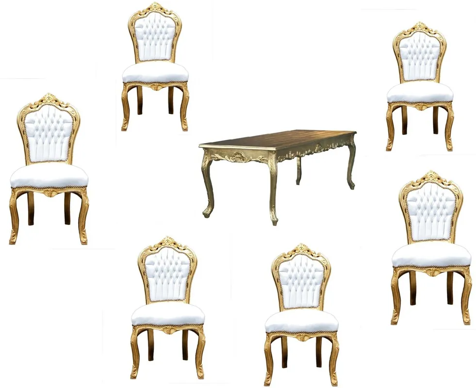 Casa Padrino Barock Esszimmer Set Gold/Weiss - Esstisch + 6 Stühle ohne Armlehnen Kostenloser Rückversand