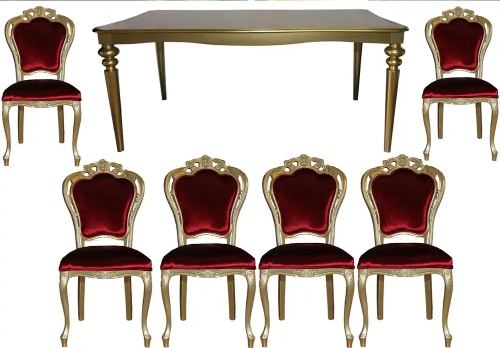 Kostenloser Versand Casa Padrino Barock Luxus Esszimmer Set Bordeaux/Gold - Esstisch + 6 Stühle - Möbel Antik Stil - Luxus Qualität - Limited Edition