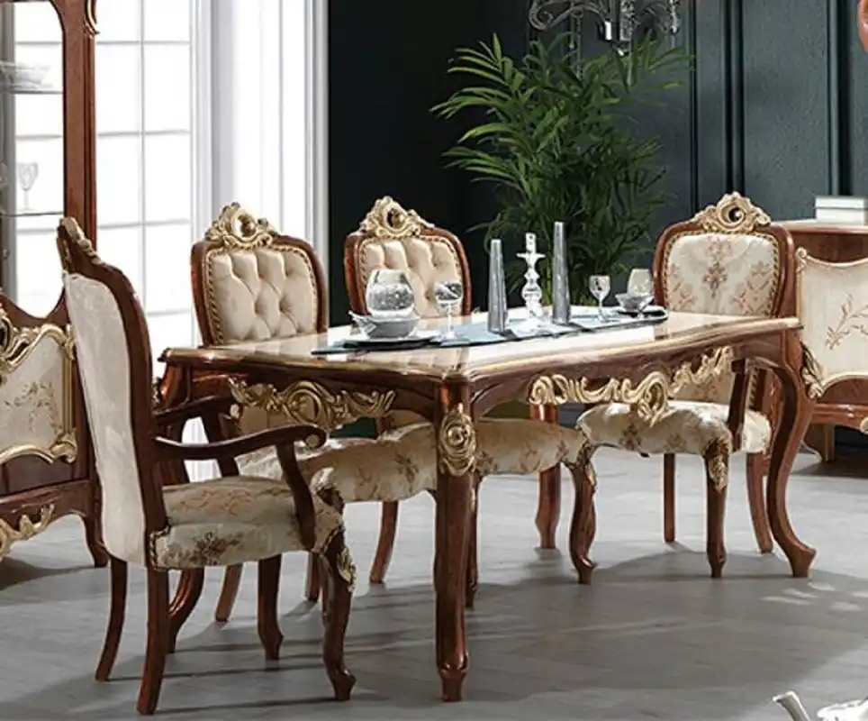 Großhandel Casa Padrino Luxus Barock Esszimmer Set Cremefarben / Braun / Gold - 1 Barock Esstisch & 6 Barock Esszimmerstühle - Esszimmer Möbel im Barockstil - Edel & Prunkvoll