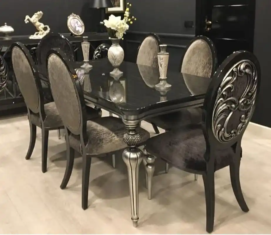 Solange Der Vorrat Reicht Casa Padrino Luxus Barock Esszimmer Set Schwarz / Grau / Silber - 1 Esszimmertisch & 6 Esszimmerstühle - Barock Esszimmer Möbel - Edel & Prunkvoll