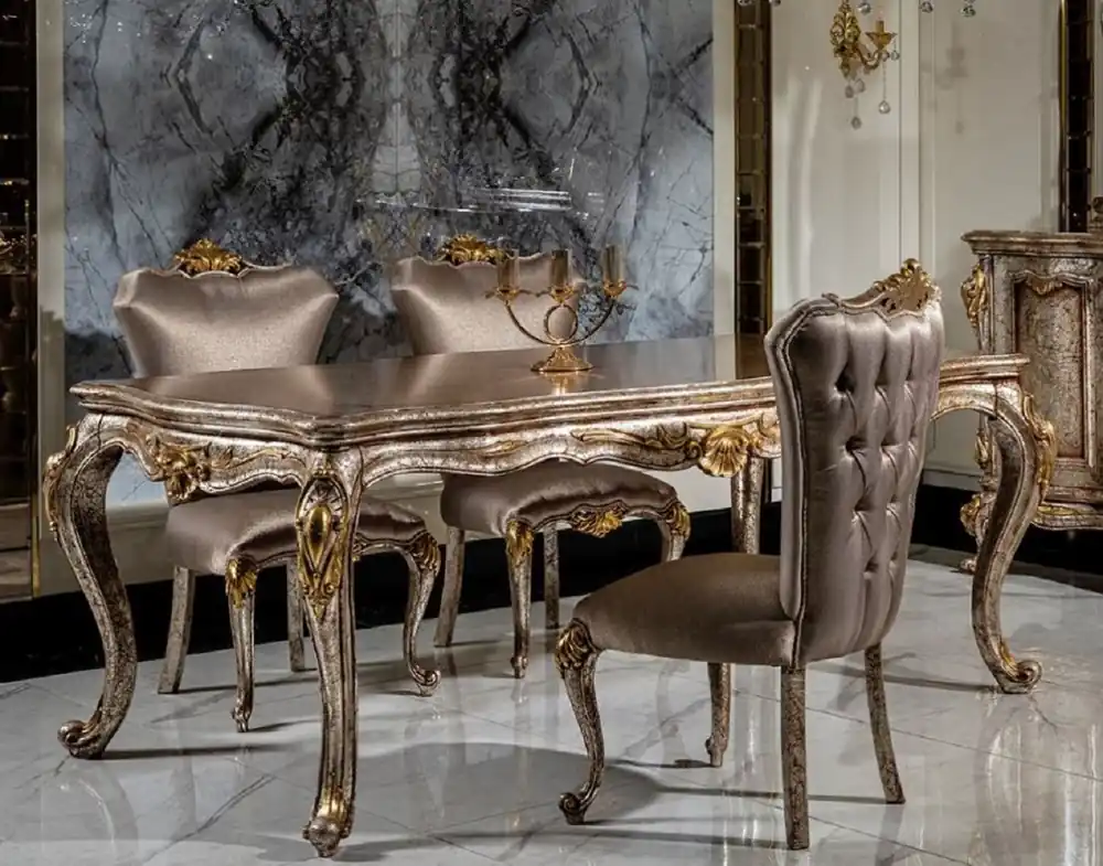Casa Padrino Luxus Barock Esszimmer Set Silber / Antik Silber / Braun / Gold - 1 Esstisch & 6 Esszimmerstühle - Barock Esszimmer Möbel - Edel & Prunkvoll Solange Der Vorrat Reicht