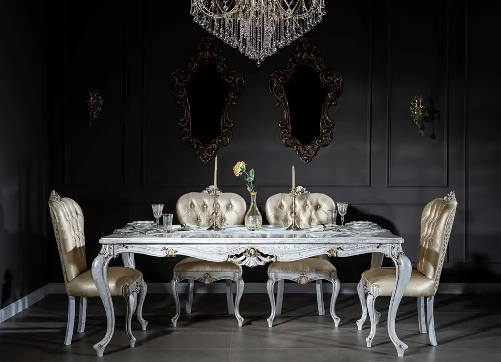 Im Trend Casa Padrino Luxus Barock Esszimmer Set Gold / Antik Weiß - 1 Esstisch & 6 Esszimmerstühle - Esszimmermöbel im Barockstil - Edel & Prunkvoll