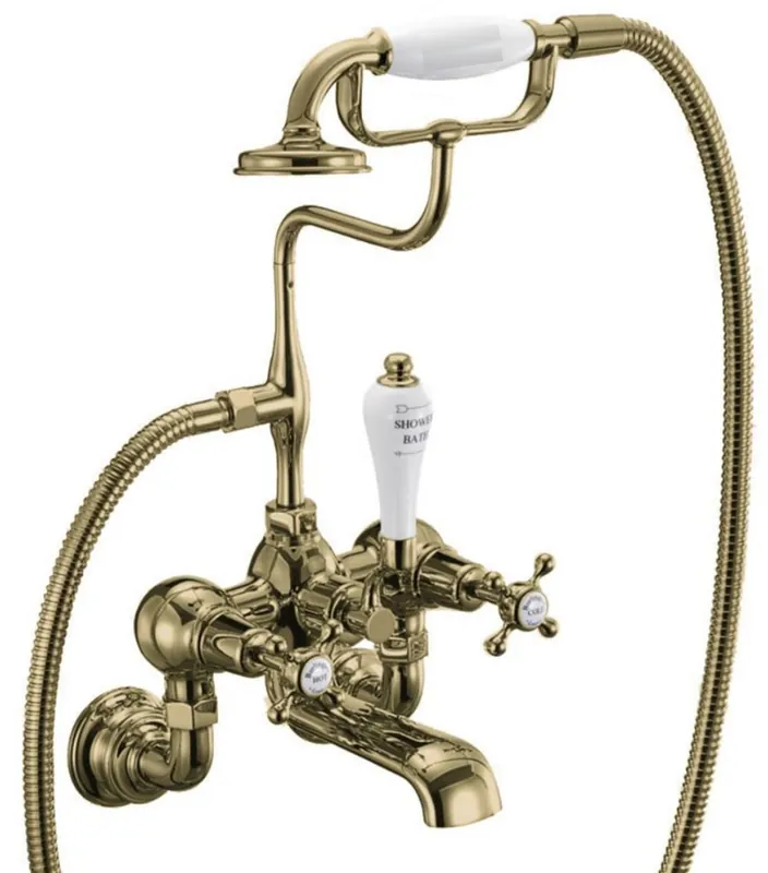 Top-Seller Casa Padrino Luxus Jugendstil Aufputz Badewannenarmatur Gold / Weiß H. 46,95 cm - Nostalgische Messing Badewannen Armatur mit Handbrause - Nostalgisches Badezimmer Zubehör