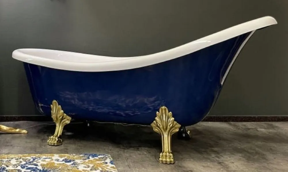 Casa Padrino Luxus Jugendstil Badewanne Saphirblau / Weiß / Gold 174 x 83 x H. 81 cm - Freistehende Retro Badewanne mit Löwenfüßen - Retro Badezimmer Möbel Premium
