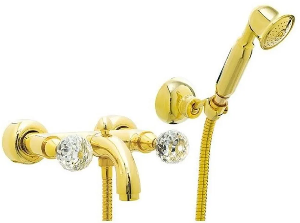 Casa Padrino Luxus Badewannen Armatur mit Handbrause und Schlauch Gold - Aufputz Wannenbatterie mit Swarovski Kristallglas - Luxus Bad Zubehör - Made in Italy Sonderangebot