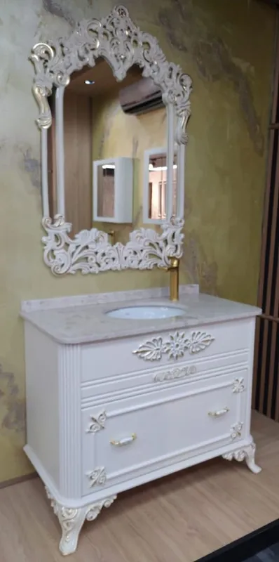 Casa Padrino Barock Badezimmer Set Weiß / Gold - 1 Waschtisch mit Marmorplatte und Keramik Waschbecken & 1 Wandspiegel - Prunkvolle Badezimmer Möbel im Barockstil Gleich Bestellen