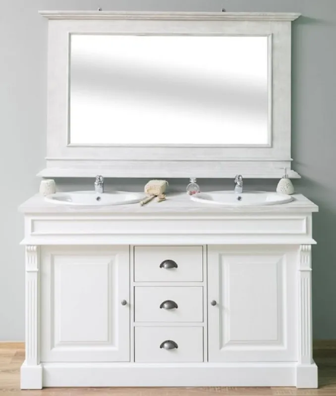 Top-Angebot Casa Padrino Landhausstil Badezimmer Set Weiß / Hellgrau - 1 Doppelwaschtisch & 1 Wandspiegel - Massivholz Badezimmermöbel im Landhausstil