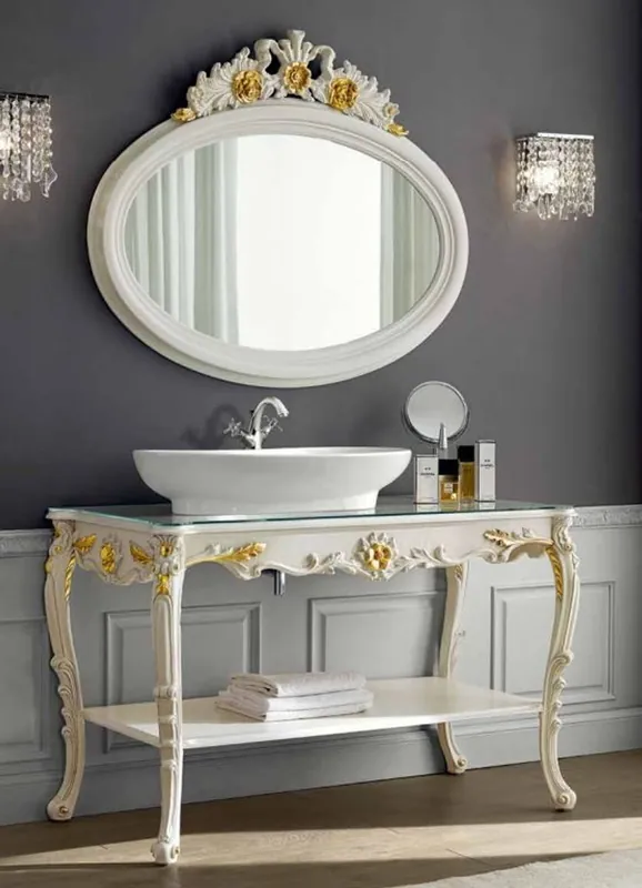 Casa Padrino Luxus Barock Badezimmer Set Elfenbeinfarben / Gold - 1 Waschtisch & 1 Wandspiegel - Badezimmer Möbel im Barockstil - Edel & Prunkvoll Gratis Versand