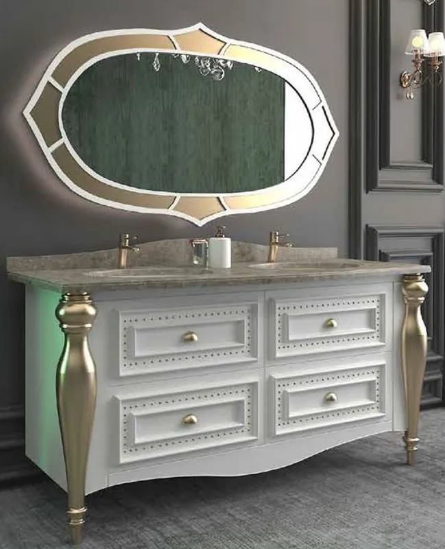 Meistverkauft Casa Padrino Luxus Barock Badezimmer Set Weiß / Grau / Gold - 1 Waschtisch mit 4 Schubladen und 2 Waschbecken und 1 Wandspiegel - Prunkvolle Badezimmermöbel