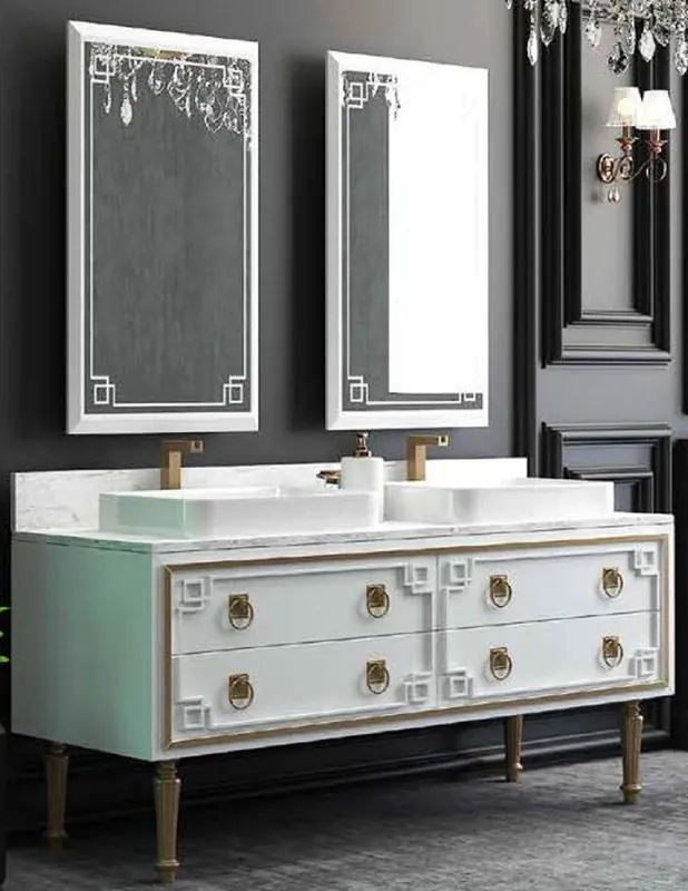 Casa Padrino Luxus Badezimmer Set Weiß / Gold - 1 Waschtisch mit 4 Schubladen und 2 Waschbecken und 2 Wandspiegel - Luxus Badezimmermöbel Neue Kollektion