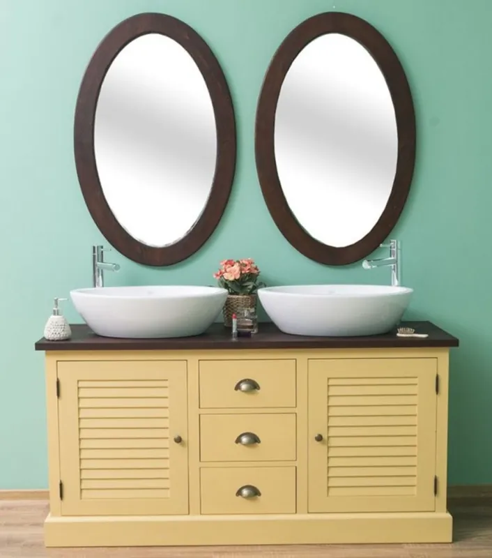 Bestseller Casa Padrino Landhausstil Badezimmer Set Gelb / Dunkelbraun - 1 Doppelwaschtisch & 2 Wandspiegel - Massivholz Badezimmermöbel im Landhausstil