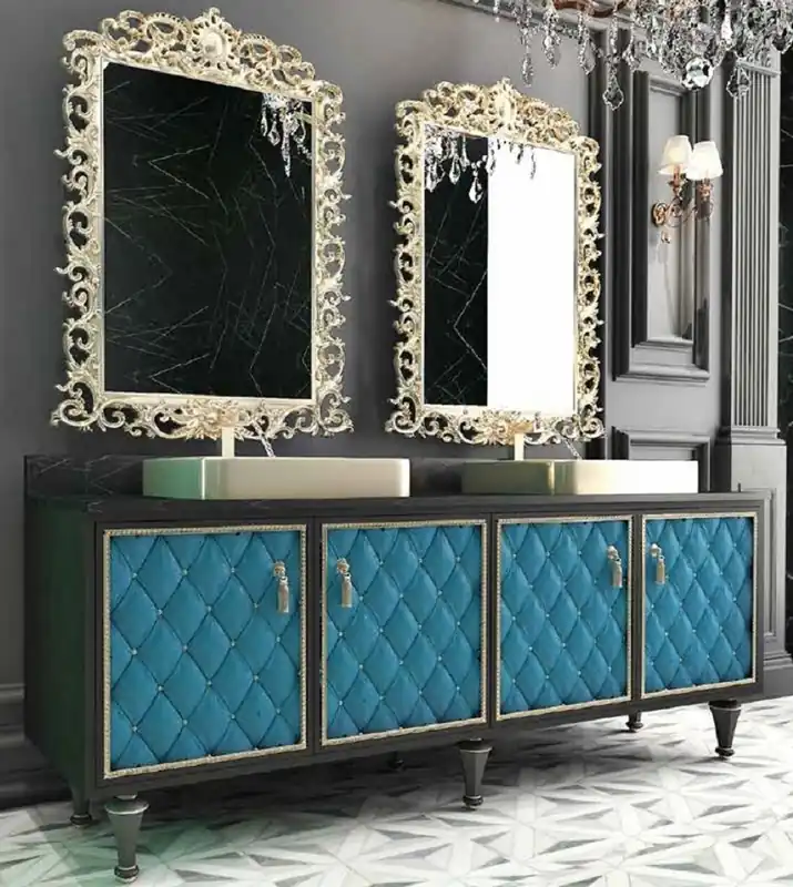 Finale Aktion Casa Padrino Luxus Barock Badezimmer Set Schwarz / Blau / Gold - 1 Waschtisch mit 4 Türen und 2 Waschbecken und 2 Wandspiegel - Prunkvolle Badezimmermöbel