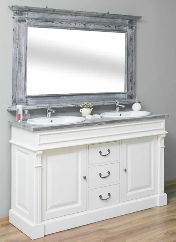 Casa Padrino Landhausstil Badezimmer Set Weiß / Grau - 1 Doppelwaschtisch & 1 Wandspiegel - Massivholz Badezimmermöbel im Landhausstil Saisonangebot