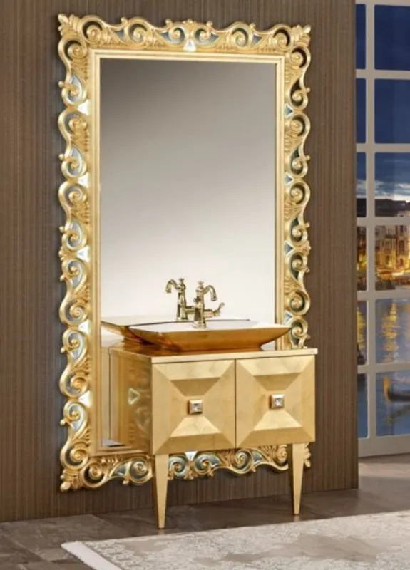 Super-Preis Casa Padrino Luxus Barock Badezimmer Set Gold - Waschtisch mit Waschbecken und Wandspiegel - Prunkvolle Badezimmermöbel im Barockstil