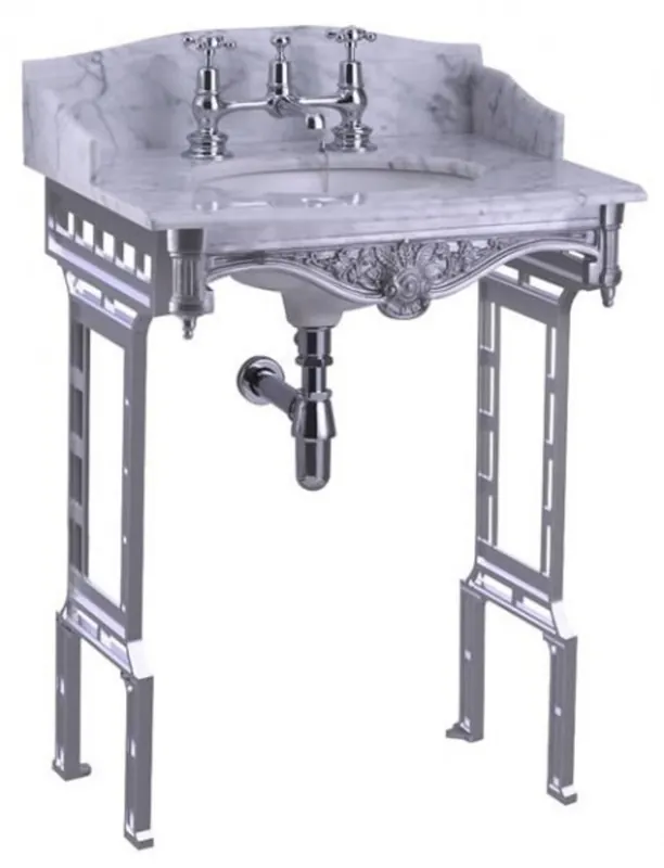 Expressversand Casa Padrino Luxus Jugendstil Stand Waschtisch Weiß / Aluminium mit Marmorplatte mit Spritzschutz hinten und seitlich - Barock Waschbecken Barockstil Antik Stil