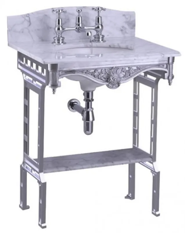 Preisreduziert Casa Padrino Luxus Jugendstil Stand Waschtisch Weiß / Aluminium mit Marmorplatte mit Spritzschutz hinten und Ablage Barock Waschbecken Barockstil Antik Stil