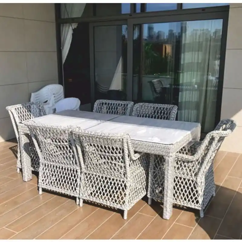 Casa Padrino Luxus Rattan Gartenmöbel Set Grau - 1 Gartentisch & 6 Gartenstühle Expressversand