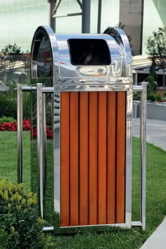 Letzte Chance Casa Padrino Park Abfallbehälter Silber / Braun H. 90 cm - Stadt Abfalleimer - Edelstahl Mülleimer