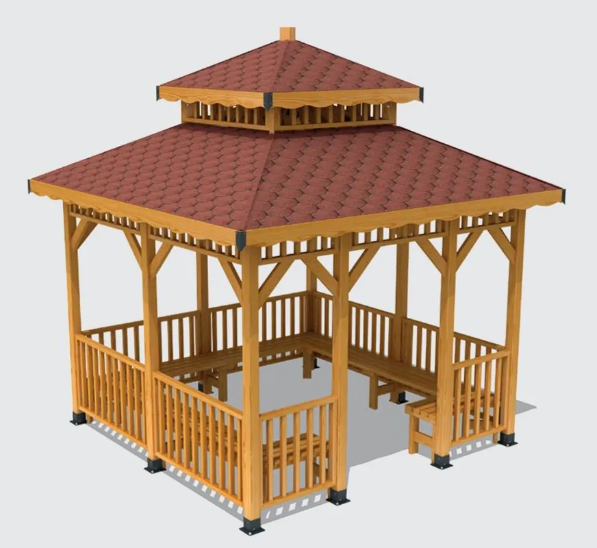 Expressversand Casa Padrino Pavillon mit Sitzbänken Naturfarben / Braun 400 x 400 x H. 400 cm - Garten & Park Möbel