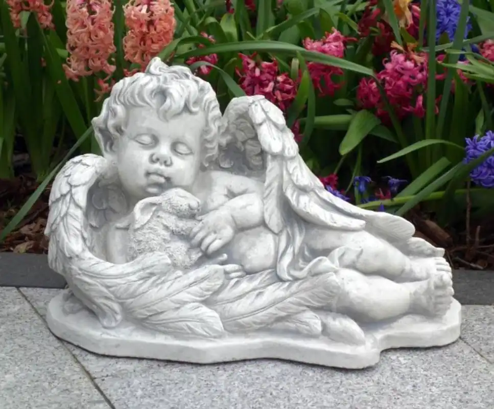 Handgefertigt Casa Padrino Jugendstil Garten Deko Skulptur Engel Grau 46 x 25 x H. 27 cm - Elegante Garten Deko Stein Figur - Barock & Jugendstil Garten Deko Accessoires