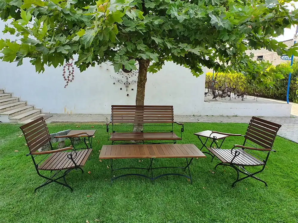Kostenloser Rückversand Casa Padrino Jugendstil Garten Möbel Set Dunkelbraun / Schwarz - 1 Couchtisch 1 Sitzbank 2 Stühle 2 Beistelltische - Barock & Jugendstil Gastronomie & Garten Möbel