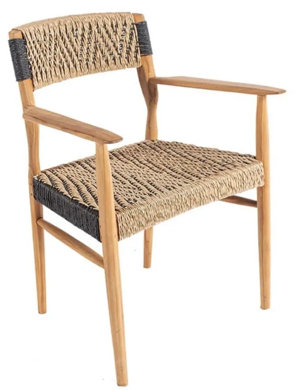 Casa Padrino Luxus Esszimmer Stuhl mit Armlehnen Naturfarben / Schwarz 58 x 55 x H. 80 cm - Luxus Massivholz Garten Stuhl mit edlem Rattangeflecht - Luxus Esszimmer Möbel - Garten Rattan Möbel Markenprodukt