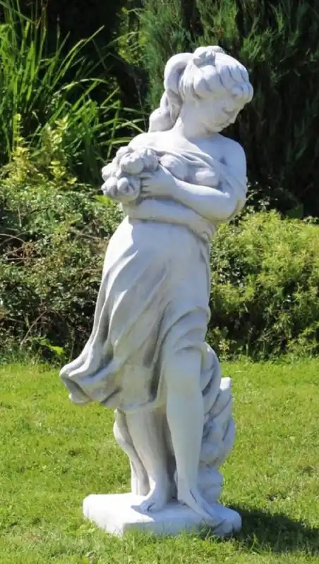 Casa Padrino Jugendstil Garten Deko Skulptur Dame mit Blumenstrauß Grau 31 x 31 x H. 122 cm - Elegante Garten Deko Stein Figur - Barock & Jugendstil Garten Deko Accessoires Gratis Versand