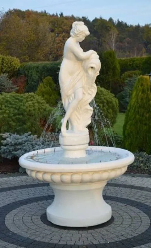 Casa Padrino Barock Springbrunnen Weiß Ø 120 x H. 196 cm - Prunkvoller Gartenbrunnen im Barockstil - Runder Gartendeko Stein Brunnen - Barock Garten Deko Accessoires Beliebt