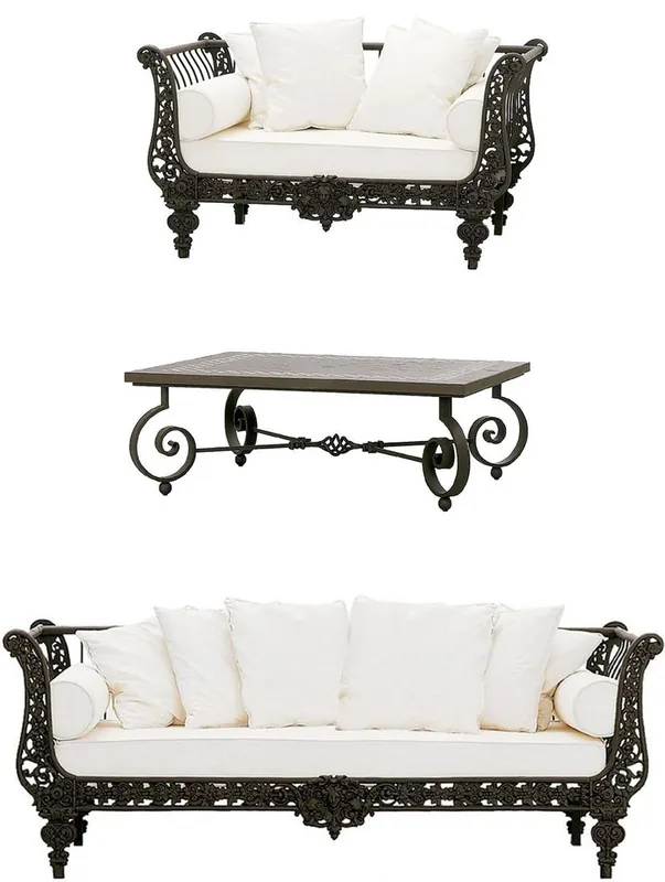 Casa Padrino Luxus Barock Schmiedeeisen Möbel Set Dunkelbraun / Weiß - 1 Luxus Sofa & 1 Luxus Sessel & 1 Luxus Couchtisch - Wohnzimmer Möbel - Garten Möbel - Hotel Möbel - Luxus Barock Möbel Original