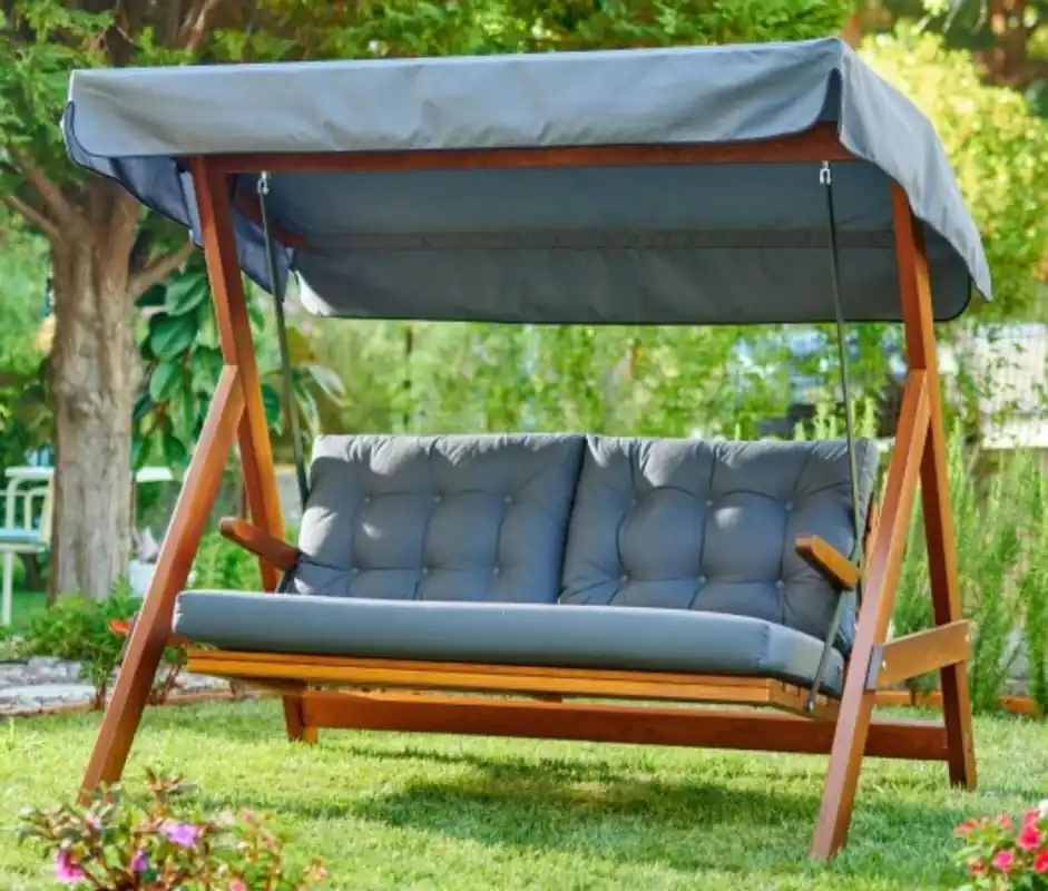 Im Trend Casa Padrino Luxus Hollywood Schaukel Blau / Braun - Wetterfeste Garten Schaukel mit Sonnendach - Terrassen Möbel - Garten Möbel - Luxus Möbel - Luxus Garten Einrichtung