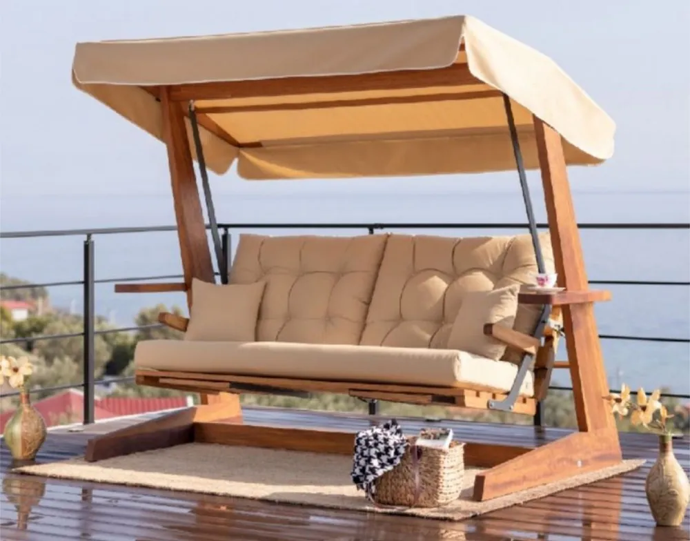 Casa Padrino Luxus Hollywood Schaukel Beige / Braun - Wetterfeste Garten Schaukel mit Sonnendach - Terrassen Möbel - Garten Möbel - Luxus Möbel - Luxus Garten Einrichtung Bestpreis