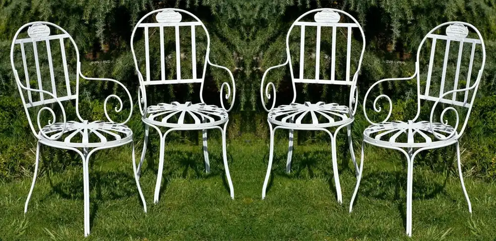 Super-Preis Casa Padrino Jugendstil Garten Stuhl 4er Set Weiß 47 x 47 x H. 94 cm - Handgefertigte Schmiedeeisen Stühle mit Armlehnen - Nostalgische Schmiedeeisen Garten & Terrassen Möbel