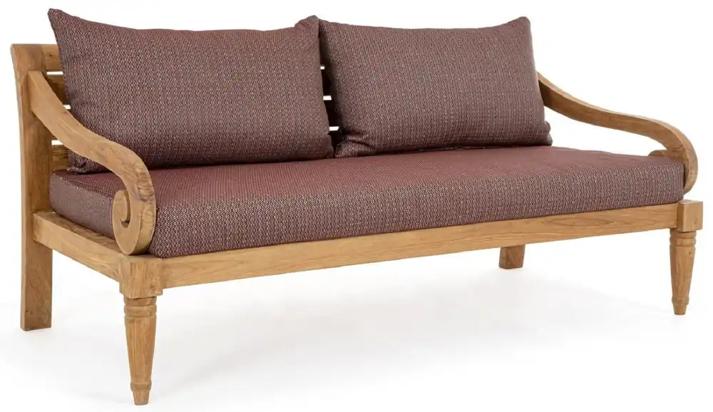 Casa Padrino Luxus Gartensofa Weinrot / Naturfarben 165 x 80 x H. 75 cm - Rustikales Teakholz Garten Sofa mit Kissen - Massivholz Garten Möbel - Rustikale Garten Möbel - Luxus Garten Möbel Aktuell