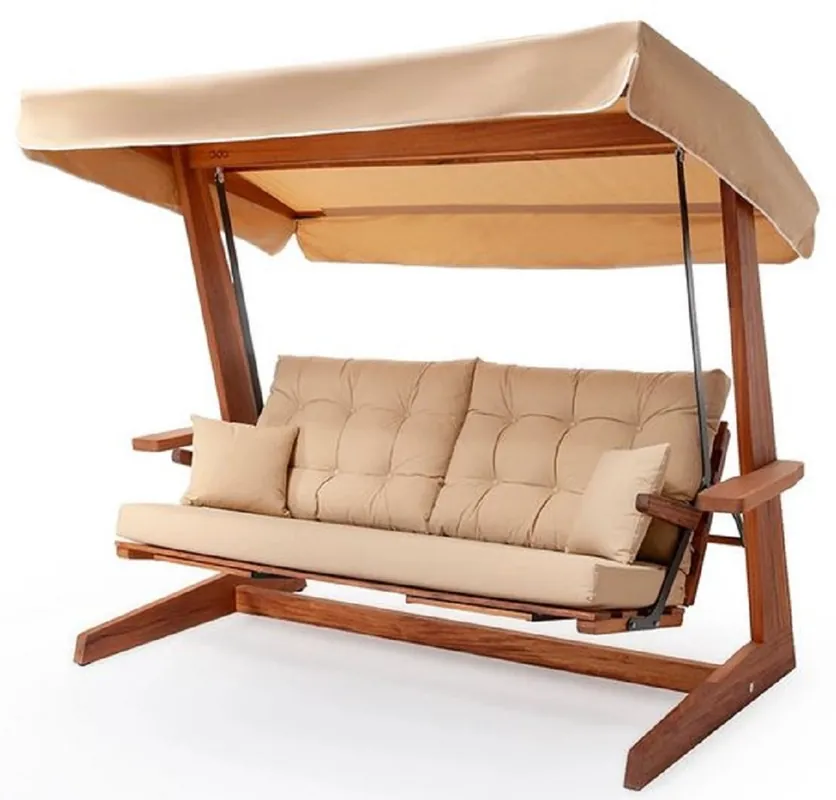 Nur Heute Casa Padrino Luxus Hollywood Schaukel Beige / Braun - Wetterfeste Garten Schaukel mit Sonnendach - Garten Möbel - Terrassen Möbel - Luxus Möbel - Luxus Garten Einrichtung