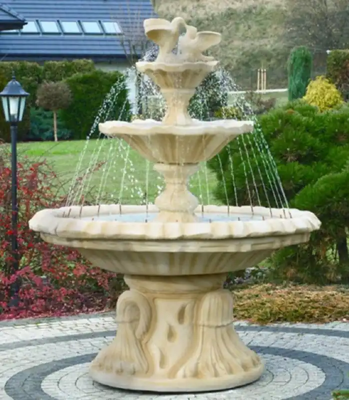 Casa Padrino Jugendstil Springbrunnen mit Tauben Sandfarben Ø 155 x H. 182 cm - Prunkvoller Gartenbrunnen - Gartendeko Brunnen - Barock & Jugendstil Garten Deko Accessoires Expressversand