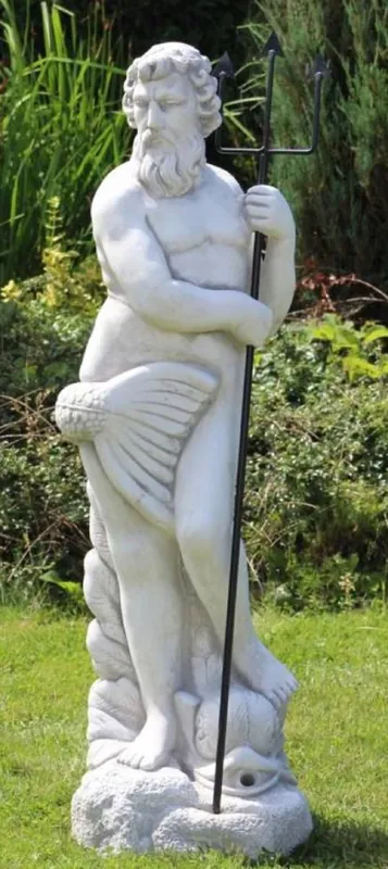 Casa Padrino Jugendstil Wasserspeier Skulptur Neptun mit Fisch Grau / Schwarz 35 x 35 x H. 123 cm - Elegante Wasserspeier Stein Figur - Barock & Jugendstil Garten Deko Accessoires Top-Seller