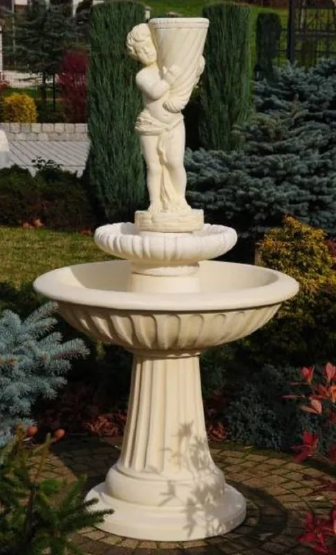Ausverkauf Casa Padrino Jugendstil Springbrunnen Junge mit Füllhorn Sandfarben Ø 92 x H. 172 cm - Prunkvoller Gartenbrunnen - Gartendeko Brunnen - Barock & Jugendstil Garten Deko Accessoires