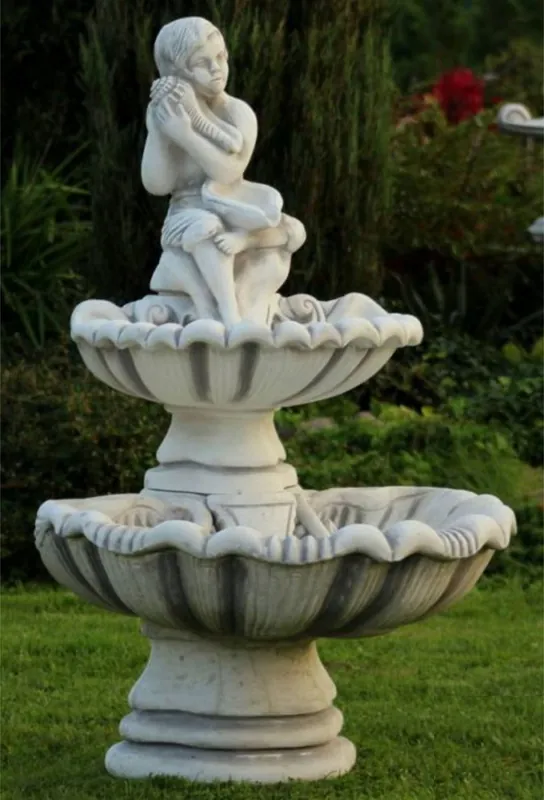 Im Trend Casa Padrino Jugendstil Gartenbrunnen Junge mit Muscheln Grau 43 x 37 x H. 118 cm - Eleganter Gartendeko Stein Brunnen - Barock & Jugendstil Garten Deko Accessoires