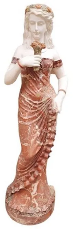 Casa Padrino Luxus Jugendstil Marmor Deko Skulptur Dame mit Blumen Rot / Weiß - Elegante Garten Deko Figur - Terrassen Deko Figur - Barock & Jugendstil Garten Deko Accessoires Gratis Versand