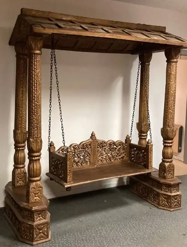 Highlight Casa Padrino Jugendstil Gartenschaukel Braun - Antike handgeschitzte Massivholz Schaukel mit Dach - Antike Barock & Jugendstil Garten & Terrassen Möbel