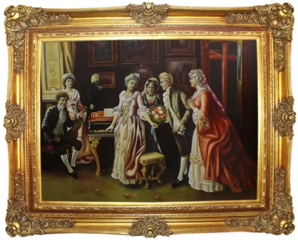 Casa Padrino Barock Ölgemälde Die Feier Mehrfarbig / Gold 160 x 10 x H. 130 cm - Handgemaltes Gemälde mit prunkvollem Rahmen im Barockstil - Barock Deko Accessoires Direktkauf