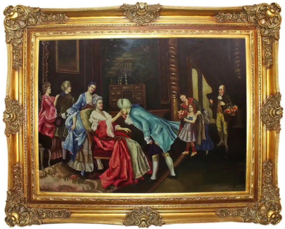 Casa Padrino Barock Ölgemälde Der Geburtstag Mehrfarbig / Gold 160 x 10 x H. 130 cm - Handgemaltes Gemälde mit prunkvollem Rahmen im Barockstil - Wanddeko im Barockstil Jetzt Bestellen