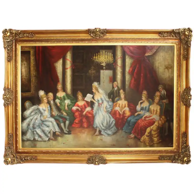 Riesiges Handgemaltes Barock Öl Gemälde Literaturabend Gold Prunk Rahmen 225 x 165 x 10 cm - Massives Material Preisknaller