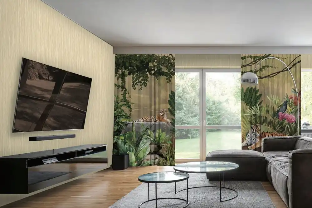 Gratis Versand Casa Padrino Luxus Vorhang Set Dschungel & Tiger Mehrfarbig 250 x H. 290 cm - Bedruckte Leinen & Samt Vorhänge - Ösenvorhänge - Schiebevorhänge - Wohnzimmer Schlafzimmer Vorhänge