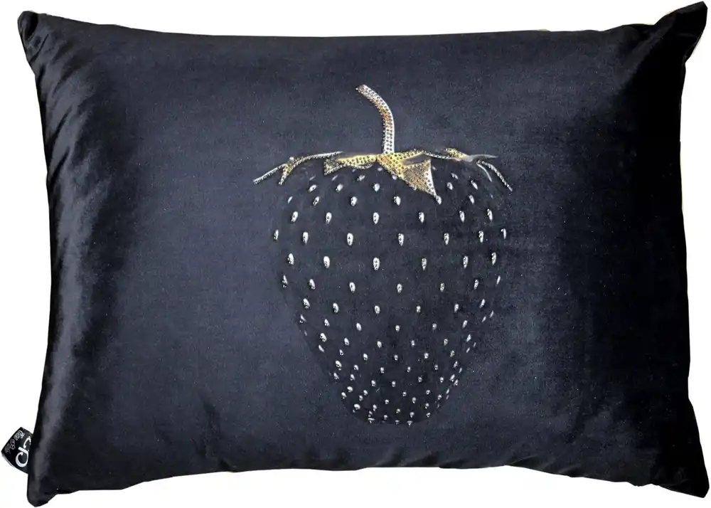 Heißes Angebot Casa Padrino Luxus Deko Kissen Strawberry mit Bling Bling Glitzersteinen Schwarz / Gold 35 x 55 cm - Feinster Samtstoff - Luxus Deko Accessoires